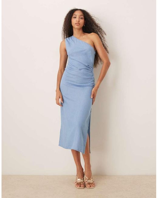 Vestito Al Polpaccio Monospalla Con Drappeggio E Spacco Laterale Effetto Denim di Mango in Blue