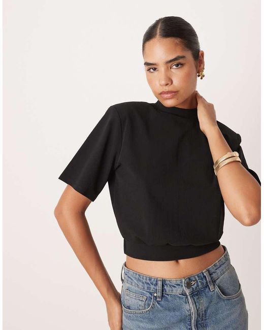 ASOS Black High Neck Shoulder Pad Cropped T-shirt