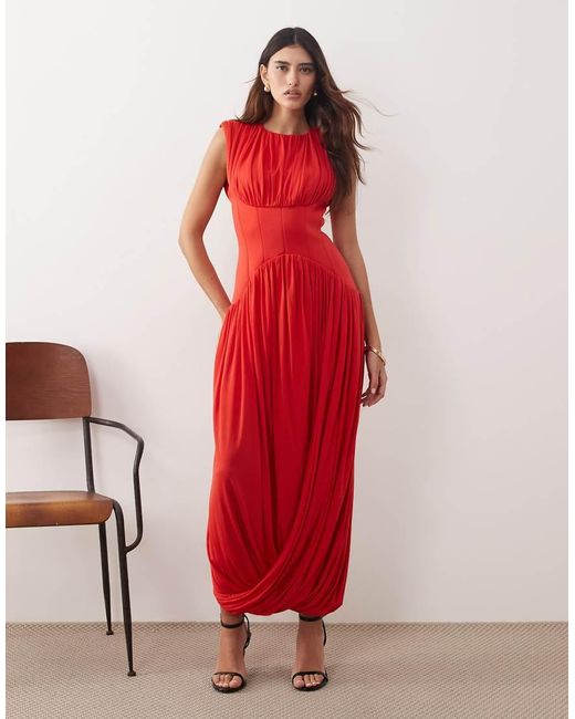 ARRANGE Red Gathe Drape Maxi Dress With Cinched Waist