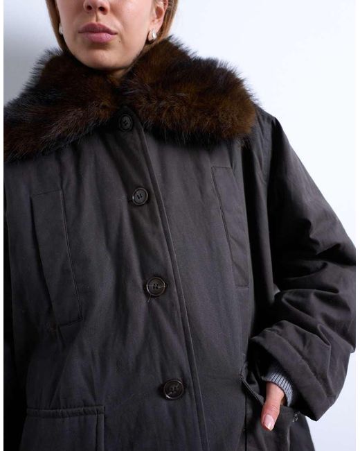 TOPSHOP Black Waxy Shacket With Faux Fur Collar