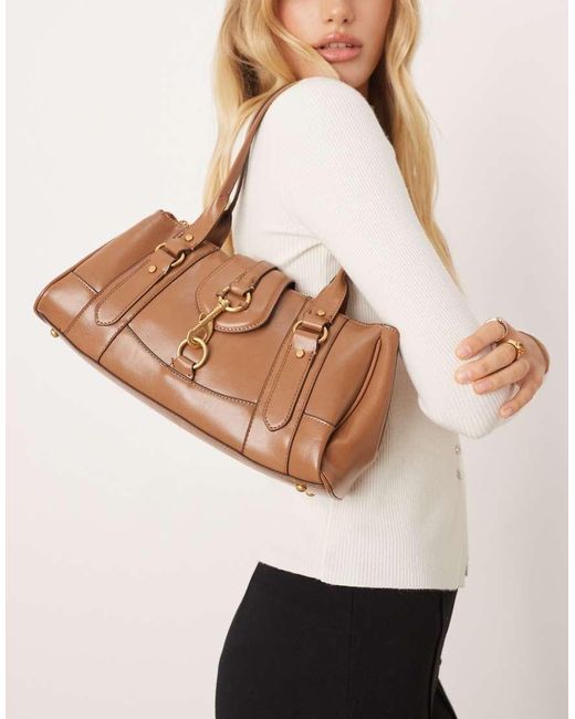 Mango Natural Retro Bowler Shoulder Bag With Clasp Detail