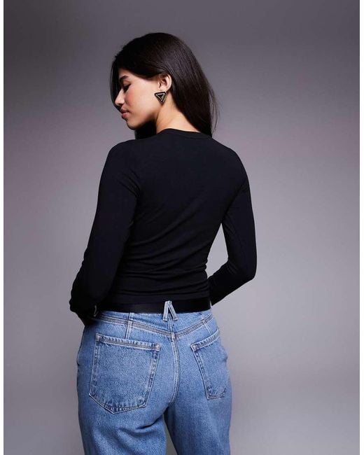 GOOD AMERICAN Blue Cotton Blend Crew Neck Long Sleeve Top