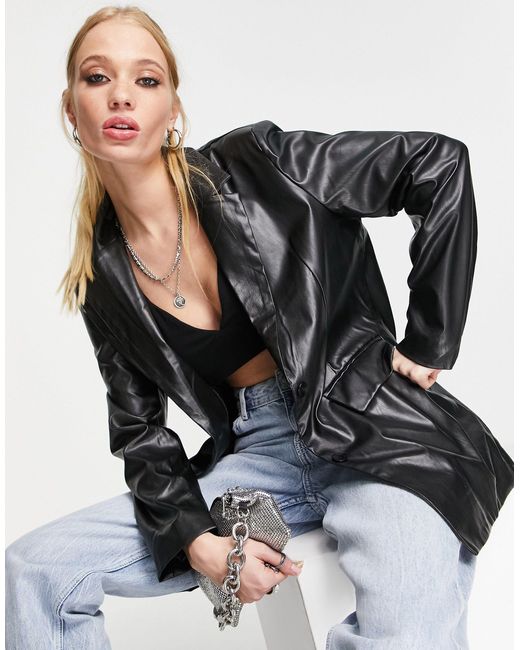 Missy Empire Oversized Leather Look Blazer Jacket in Black | Lyst