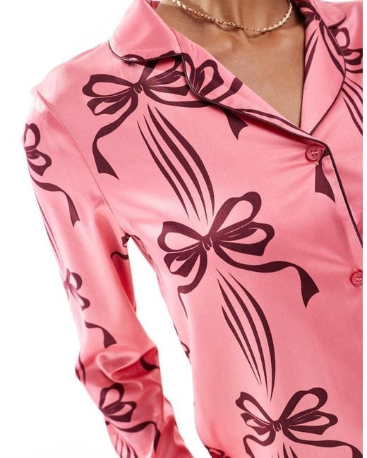 Chelsea Peers Pink Satin Long Sleeve Revere Pajama Set