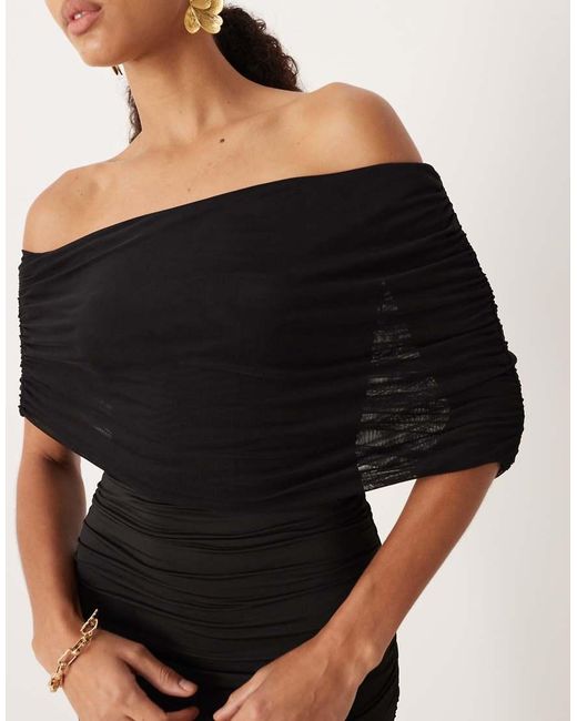 SNDY'S Red Mesh Bardot Sleeve Ruched Waist Maxi Dress