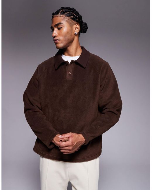 ASOS Brown Oversized Fleece Sweatshirt With Ribbed Collar for men