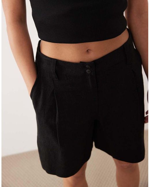 ASOS Black Asos Design Petite Relaxed Dad Shorts With Linen