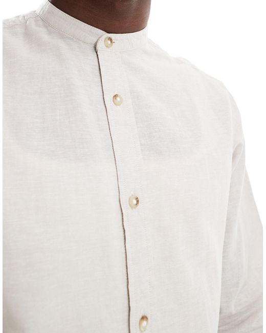 Jack & Jones White Premium Linen Grandad Collar Shirt for men