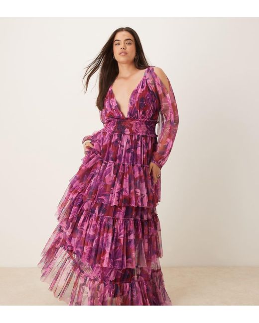 Lace & Beads Plus Purple Sheer Sleeve Tiered Tulle Maxi Dress