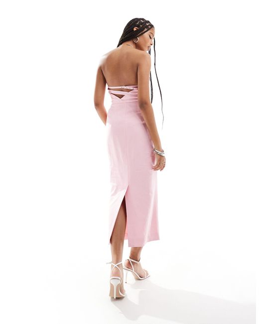 ASOS Pink Draped Bandeau Midi Dress With Back Buckle Straps