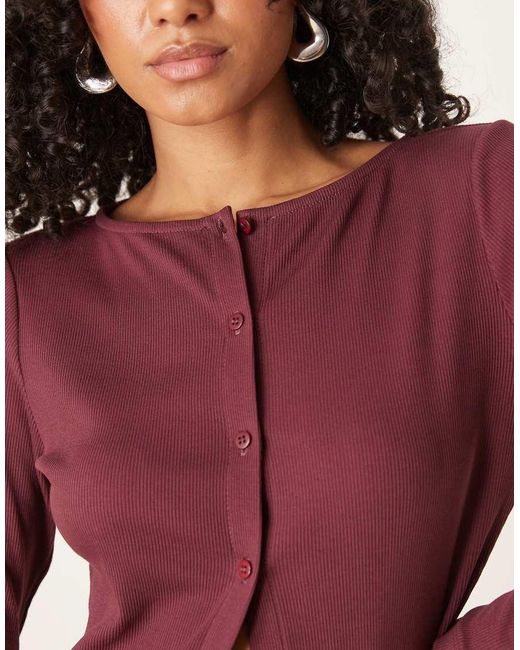 ASOS Purple Wide Neck Button Through Rib Long Sleeve Top