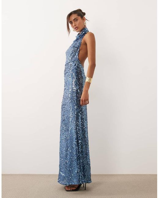 ASOS Blue Embellished Sheer Sequin Halter Maxi Dress