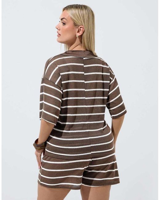 Yours Clothing Brown Stripe Rugby Collar Top