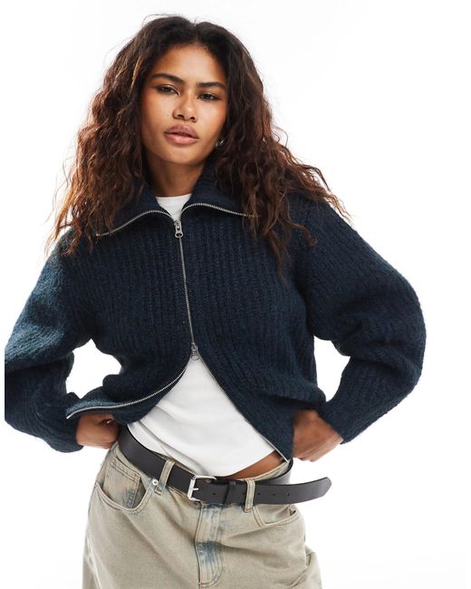 Weekday Blue Bea Wool Blend Zip Through Cardigan With Oversized Collar
