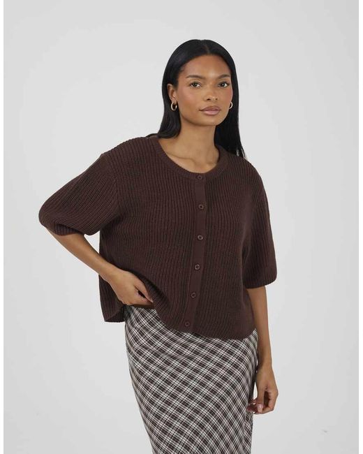 Brave Soul Brown Short Sleeve Crew Neck Fisherman Knit Cardigan