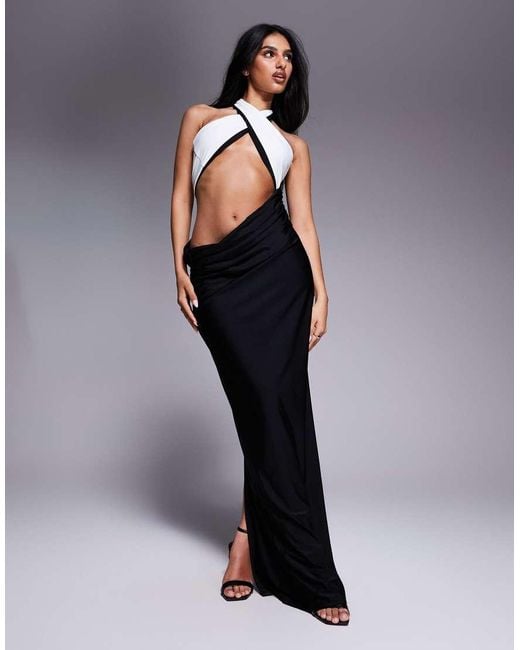 Wanderdoll Blue Maddison Exclusive Slinky Cross Front Halterneck Cut Out Drape Side Maxi Dress