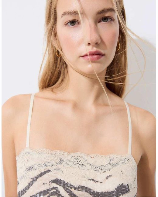 Stradivarius White Short Sequin Animal Print Dress
