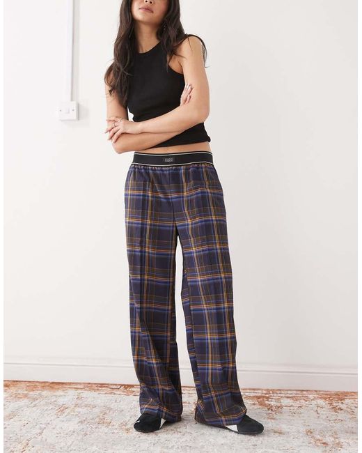 Monki Blue Wide Leg Trouser With Boxer Waistband
