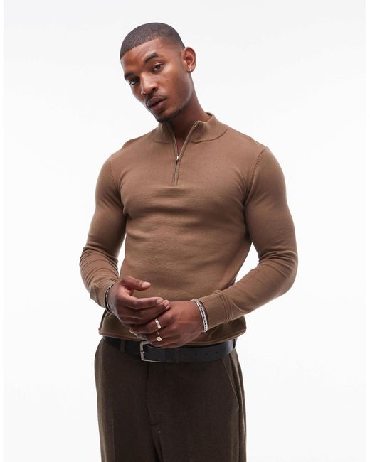 TOPMAN Essential 1 4 Zip Jumper in Brown for Men Lyst