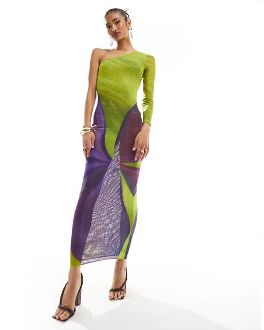 Nyx - robe moulante longue asymétrique en tulle - violet et citron vert à fleurs FARAI LONDON en coloris Multicolor