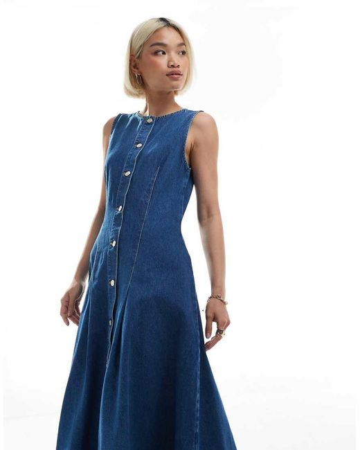 ASOS Blue Button Down Denim Maxi Dress With Waist Darts