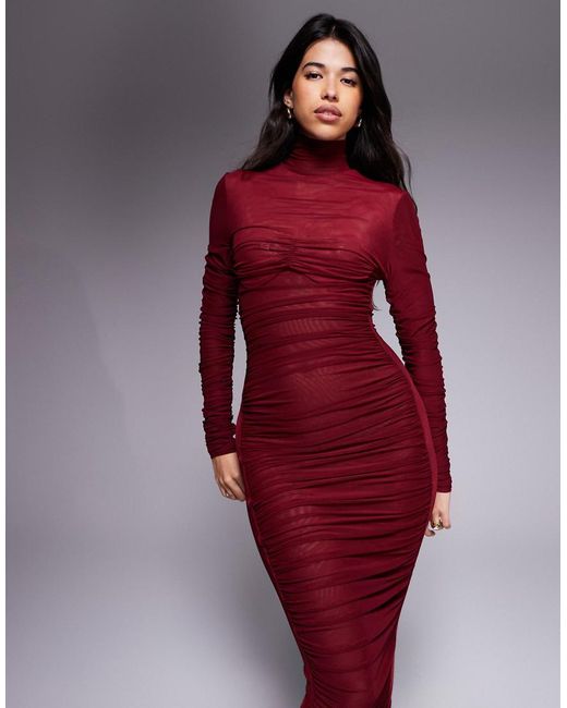Ruched & Ready Red It Girl Sculpted Semi Sheer Mesh High Neck Bodycon Maxi Dress