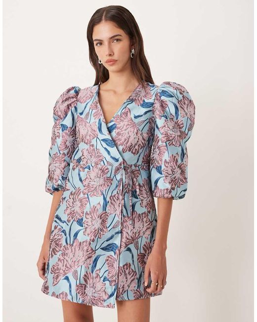Sister Jane Blue Deco Bloom Jacquard Wrap Mini Dress