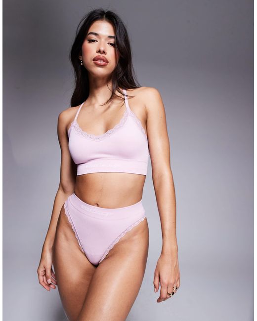 Boux Avenue Pink Lace Trim Ribbed Lingerie Thong