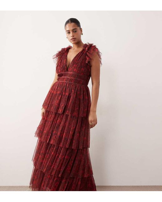 Lace & Beads Plus Red Tulle Flutter Sleeve Plunge Neck Tie Maxi Dress