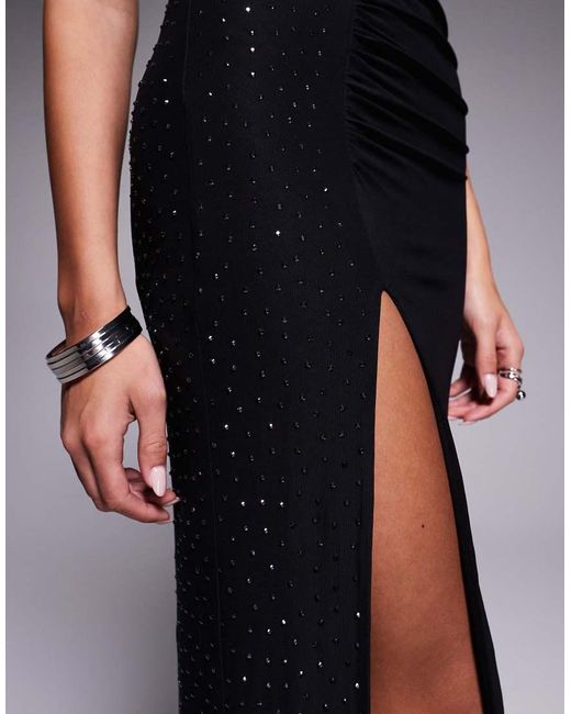AFRM Blue Hotfix Drape Detail Asymmetric Strap Thigh Split Maxi Dress