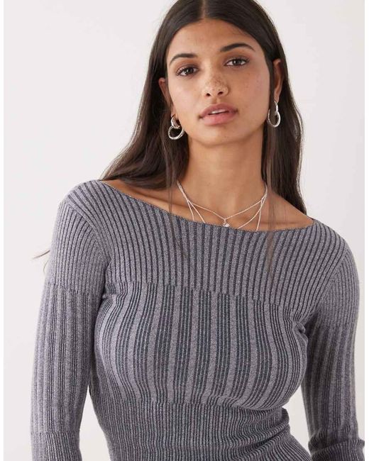 Collusion Gray Knitted Off Shoulder Washed Long Sleeve Top