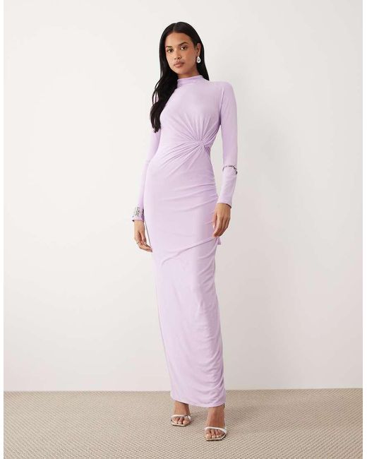 ASOS Pink Long Sleeve Twisted Bust Detail Mesh Maxi Dress