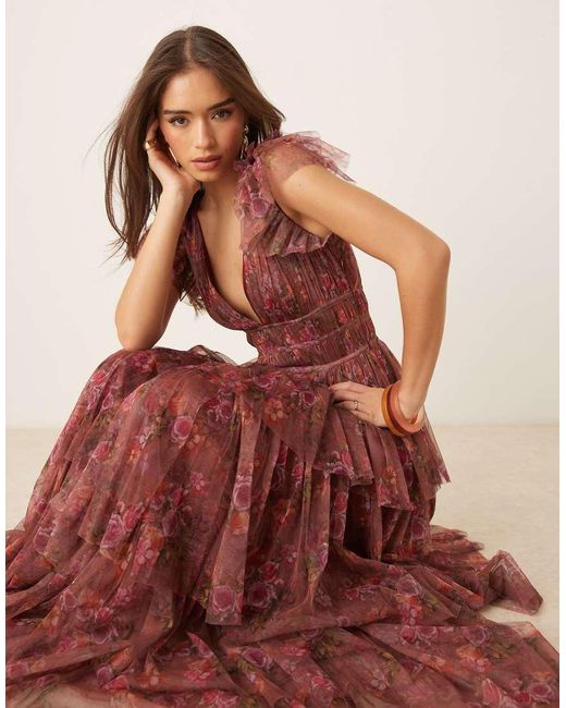 LACE & BEADS Maxi-Jurk Met Ruches Aan De Schouders, Stroken En Bloemenprint in het Brown