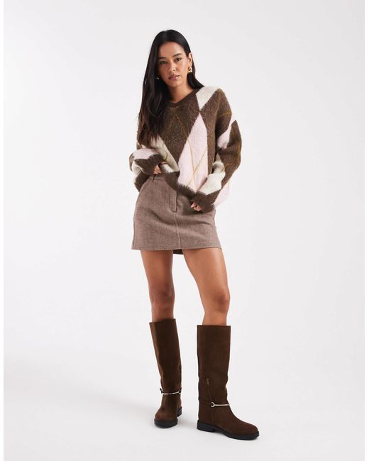 Pull coupe carrée à col v et imprimé losanges - chocolat ASOS en coloris Brown