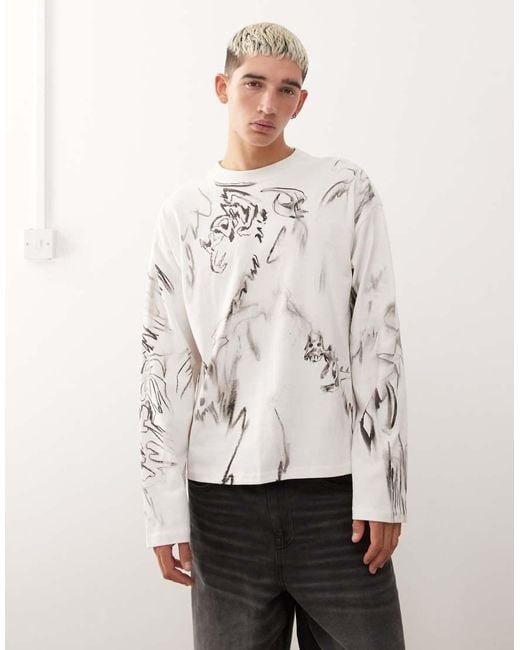 Weekday Recht Oversized T-Shirt Met Lange Mouwen En All-Over Schetsboekprint in het White voor heren