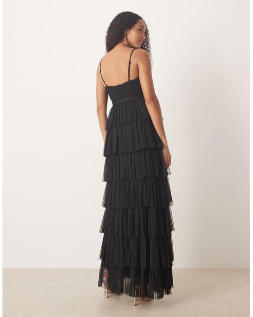 LACE & BEADS Blue V Neck Lace Tiered Tulle Maxi Dress