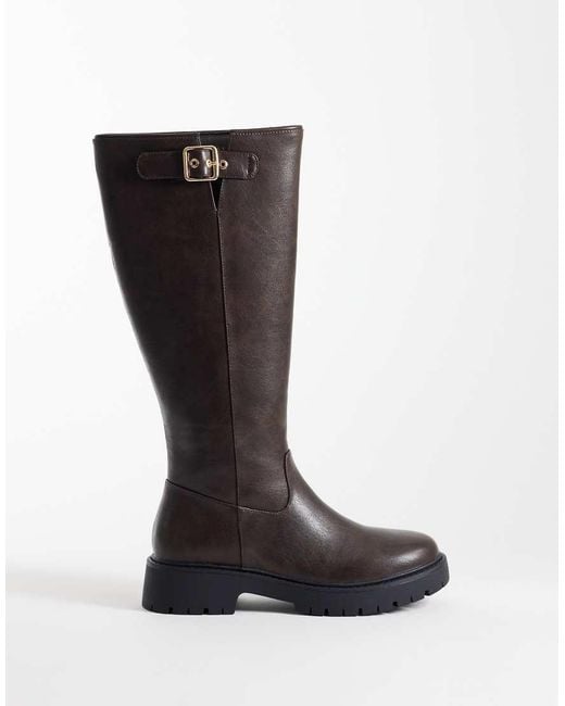 London Rebel Black Trista Chunky Knee Boots With Buckle Details