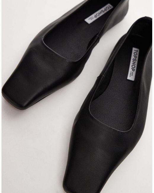 TOPSHOP Gray Blakely Premium Leather Square Toe Ballet Flats