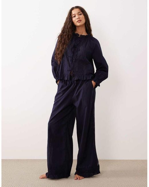 Nobody's Child Blue Lace Trim Pyjama Top And Trousers Set