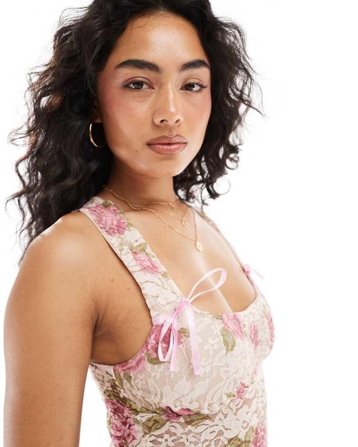 Miss Selfridge Pink Printed Lace Bow Detail Floral Corset Top