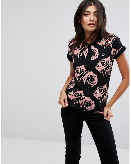 Fred Perry Black Amy Winehouse Foundation Rose Print Polo Shirt