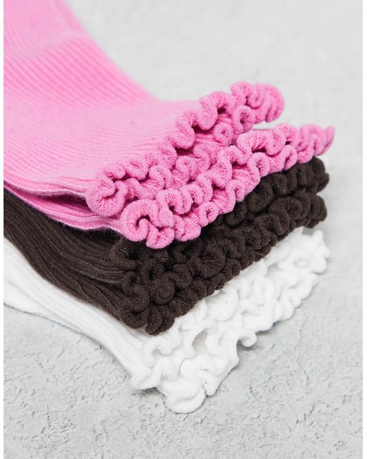 Monki Pink 3 Pack Ankle Socks With Frill Edge