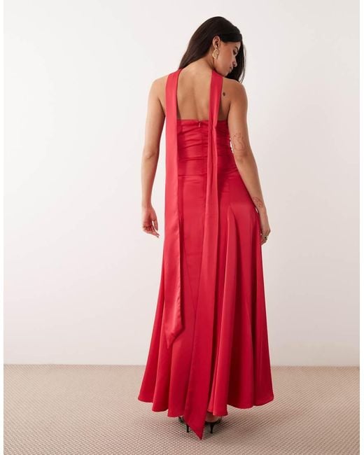 Kaiia Red Exclusive Satin Scarf Detail Bandeau Godet Hem Maxi Dress