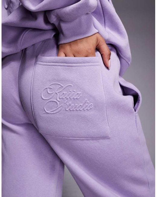 Kaiia Purple Studio Embroidered Logo Wide Leg Pocket Detail Joggers Co-Ord