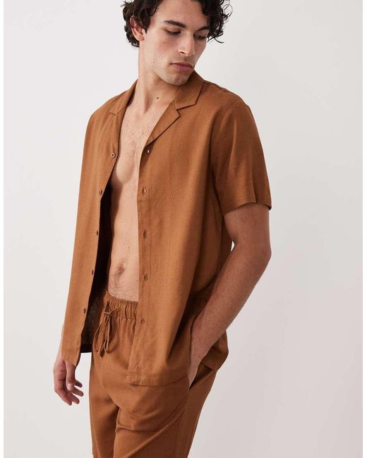 South Beach Brown Short Sleeve Linen Blend Shirt for men
