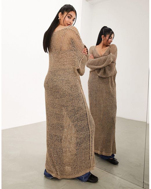Robe longue oversize en maille ajourée - grège ASOS en coloris Natural