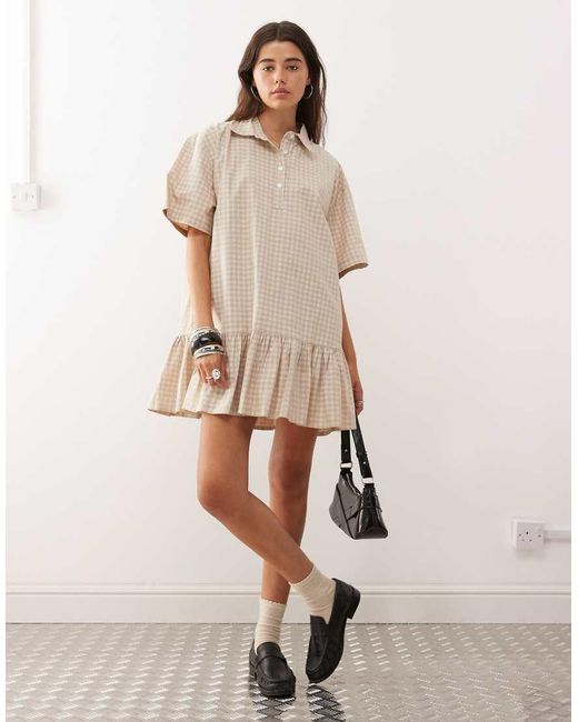 Collusion Natural Check Pleated Skirt Shirt Dress