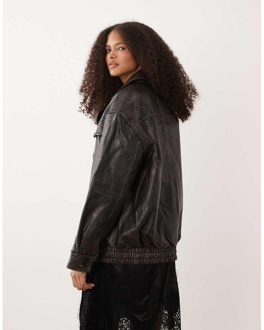 Mango Black 100% Leather Oversized Jacket