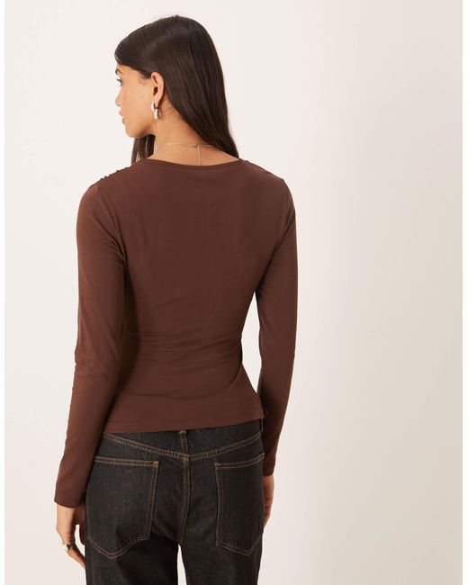 Top en coton froncé à manches longues - chocolat ASOS en coloris Brown