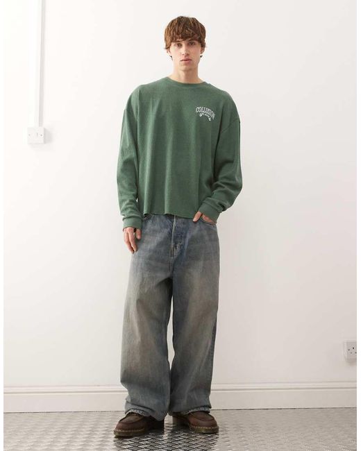 Collusion T-Shirt Met Lange Mouwen, Wafeltextuur En Print in het Green voor heren